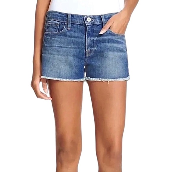 FRAME Le Cutoff Denim Shorts in Blue Grand Canyon Wash with Raw Hem - Picture 1 of 9